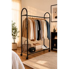 Arvion Home Tekerlekli Metal Elbise Askılığı ve Dayanıklı Raflı Giysi Standı-Kıyafet Organizeri-Siyah