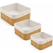 Go İthalat Bambu Kenarlı Ahşap Altlı Içi Bezli Kare 3 Boy Organizer Sepet