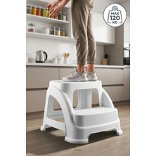 Calvera Küçük Boy 2 Basamaklı Plastik Tabure - 120 kg Kapasiteli Kaymaz Merdivenli Banyo Mutfak Taburesi (Beyaz)