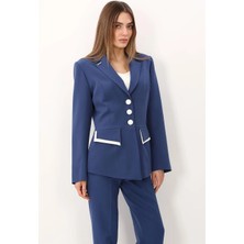 Önder Özsoy Garnili Erkek Yaka Modelli Kadın Ceket-Indigo - 1193100