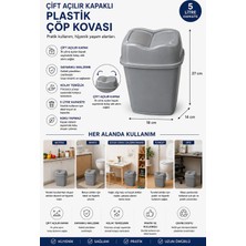Akyüz Plastik 🗑️ 5 Litre Parlak Antrasit Plastik Çöp Kovası | Çift Açılır Kapak | 18X14X27 cm
