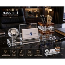 Home Dekor Hediye Premium Hediye Ofis Kristal Cam Saatli Kalemlik Kartvizitlik Yönetici Masaüstü Organizer Seti kahve