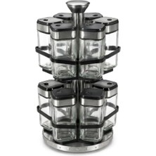 Omrs Store Deconox 12’li Döner Standlı Cam Baharatlık Seti, 100 ml Kare Baharat Kavanozları, 360 Derece Dönebilen 2 Katlı Paslanmaz