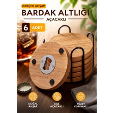 Yuvora Ahşap Bardak Altlığı 6'lı Set Ahşap Şişe Açacaklı Stantlı Bardak Altlığı Sunum Seti