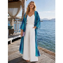 Qymos Prive Kadın Degrade Desenli Turkuaz Mavi Yeşil Desenli Şifon Kimono – Dökümlü Oversize Pareo Kimono Kaftan