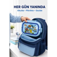 Open City Mavi Dinozor Çocuk Beslenme Kutusu 6 Bölmeli Kilitli Saplı Okul Piknik Yemek Saklama Kabı Renkli Set