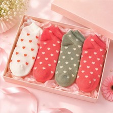 4 Çift Bambu Kadın Kalp Desenli Patik Çorap Seti – Beyaz, Pembe ve Haki Tonları