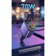 Vanckey Starry Sky 70W Araç Içi Çoklu Şarj Cihazı USB Type-C ve Ios Çıkışlı Dijital Gösterge Uzatılabilir Kablo