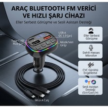 Vanckey Araç Şarj Cihazı Bluetooth Fm Transmitter 3’ü 1 Arada Kablolu Type-C Lightning Micro USB Araç Içi Müzik Çalar Tf