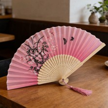Bambu Kumaş Serinletici Vintage Pembe Şık Dekorasyon Püsküllü Japon Yelpaze