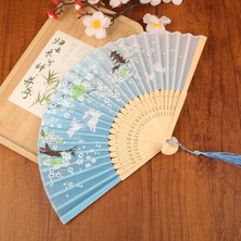 Bambu Kumaş Serinletici Vintage Mavi Şık Dekorasyon Püsküllü Japon Yelpaze