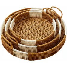 Go İthalat Plastik Rattan Hasır Görünümlü 3'lü Yuvarlak Çift Renkli Çok Amaçlı Organizer Sepet Servis Sunum Tepsisi