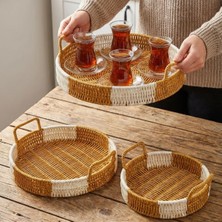 Go İthalat Plastik Rattan Hasır Görünümlü 3'lü Yuvarlak Çift Renkli Çok Amaçlı Organizer Sepet Servis Sunum Tepsisi