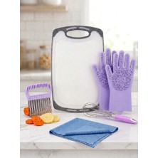 5'li Mutfak Ekipman Takımı Renkli (-Mikrofiber Bez 40X50, Kaymaz Kesme Tahtası 40X24X1, Çırpıcı, Patates Dilimleyici, Bulaşık Eldiveni-)