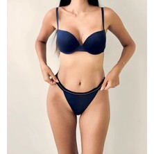 Kadın Lacivert Destekli Push Up Sütyen String Külot İç Giyim Takımı