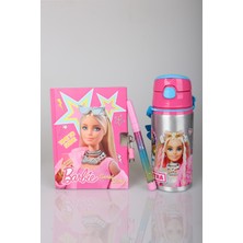 x Dekomus Lisanslı Barbie Hatıra Defteri,simli Kalem ve 500 ml Matara Seti