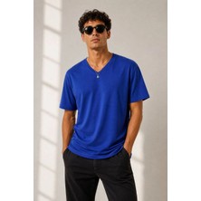Tarz Yeri Erkek V Yaka Basic Tişört Kısa Kol Yazlık Regular Fit T-Shirt - Saks Mavisi