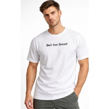 Tarz Yeri Erkek Wafıl Kumaş Tişört Regular Kalıp Bisiklet Yaka Baskılı T-Shirt - Beyaz