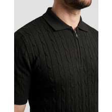 Tarz Yeri Erkek Yazlık Triko Saç Örgü Tişört Kısa Kol Polo Yaka Fermuarlı T-Shirt - Siyah