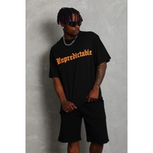 Tarz Yeri Erkek Baskılı Tişört Kısa Kol Bisiklet Yaka Oversize T-Shirt - Siyah
