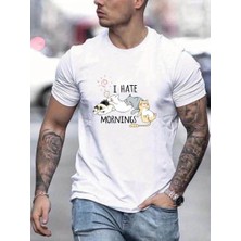 Tarz Yeri Erkek Baskılı T-Shirt Kısa Kol Bisiklet Yaka Regular Fit Rahat Kalıp Günlük Tişört - Beyaz