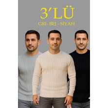 Tarz Yeri Erkek Fitilli Triko Kazak 3'lü Set Bej Gri Siyah Bisiklet Yaka Regular Fit