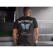 Tarz Yeri Erkek Tişort  Bisiklet Yaka Kelebek Baskılı Kısa Kol T-Shirt - Siyah