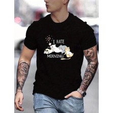 Tarz Yeri Erkek Baskılı T-Shirt Kısa Kol Bisiklet Yaka Regular Fit Rahat Kalıp Günlük Tişört - Siyah