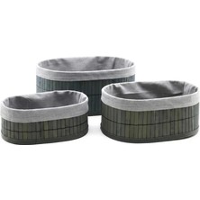 Go İthalat Bambu Kenarlı Ahşap Altlı Içi Bezli Oval 3 Boy Gri Organizer Sepet