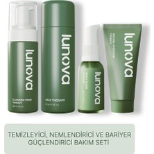 Lunova 4’lü Komple Cilt Bakım Rutini Seti | Cilt Kurutmayan Temizleyici, Bariyer Güçlendirici Milk Serum, Aydınlatıcı Jel Serum & Yoğun Nemlendirici Krem