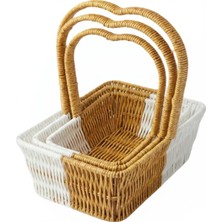 Go İthalat Plastik Rattan Hasır Görünümlü 3'lü Kalp Model Saplı Dikdörtgen Çok Amaçlı Organizer Sepet