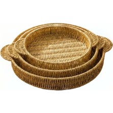 Go İthalat Plastik Rattan Hasır Görünümlü 3'lü Yuvarlak Çok Amaçlı Organizer Sepet Servis Sunum Tepsisi