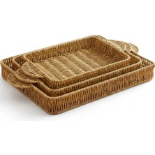 Go İthalat Plastik Rattan Hasır Görünümlü 3'lü Dikdörtgen Çok Amaçlı Organizer Sepet Servis Sunum Tepsisi