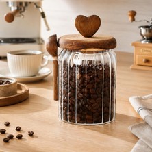 Ahşap Kapaklı Cam Kavanoz 570 ml Kaşıklı | Hava Geçirmez Baharatlık Çay Kahve Şeker Saklama