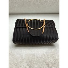 Zerafet Store Kadın Siyah Pileli Gece Çantası - Altın Halkalı Zincirli Abiye Portföy Clutch