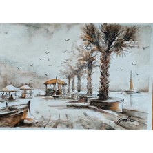 Muguetarts %100 El Yapımı Bodrum Sahil Manzaralı Suluboya Resim 37X26 cm Çerçevesiz