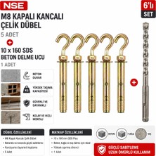 NSE M8 Kapalı Kancalı Çelik Dübel 5 Adet + 10x160 SDS Beton Delme Ucu 6'lı Set