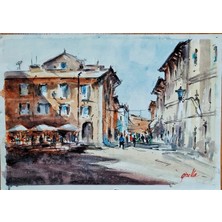 Muguetarts %100 El Yapımı Italya Toscana Manzarali Suluboya Resim 35X25 cm Çerçevesiz