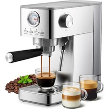 Hausprofi Hausprofı Portafiltre Makinesi, Espresso Makinesi 15 Bar, Görünür Basınç Göstergesi, 1,4l Su Deposu, Cappuccino, Latte ve Macchiato Için Küçük Kahve Makinesi Espresso, Gümüş