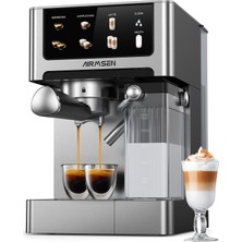 AIRMSEN Aırmsen Machine À Espresso 20 Bar – Cappuccino & Latte Cafetiere, Machine A Cafe Double Chaudière (1350W & 1000W), 15 Saniyede Ekstraksiyon, Acier Inoxydable, Amovible Réservoir D'eau 1.8l, Ekran Doku