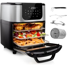 Princess Aerofryer Fırın Deluxe - 11 Litre Kapasite; 1800W; 65-200°C; 10 Program; Döner Sepet, Çevirme Şişi, 3 Fırın Tepsisi, Kırıntı Tepsisi, Sap, 182075, Siyah/gümüş Dahildir