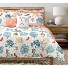 Esranın Dünyası Lush Decor Mavi ve Mercan Kıyı Kayalığı Yorgan-Çift Taraflı 7 Parça Yatak Seti Tüy Deniz Kabuğu Tasarımı-Tam Kraliçe