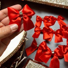 Light of Love 25 Adet Taş Detaylı Kırmızı Saten Kurdele Hazır Fiyonk Çeyiz Kına Doğum Günü Süsleme Kurdelesi ( 3cm)