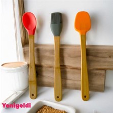 Esranın Dünyası Yenigeldi 3 Adet 21 cm Pastel Renk Bambu Saplı Mini Silikon Pişirme Seti, (Kaşık,fırça,spatula),pastel
