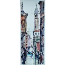 Muguetarts %100 El Emeği Suluboya ve Mürekkep Çalışması Venedik Manzara Resmi 50X20 cm Çerçevesiz