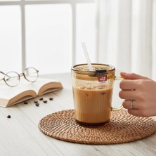 Esranın Dünyası 2 Adet Kapaklı Pipetli Cam Kupa Bardak Çay Kahve Meşrubat Tatlı Bardağı Kahverengi 370 ml