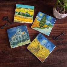 Esranın Dünyası Pinecone Stone Van Gogh Hasat Manzarası, Yıldızlı Yol, Buğday Tarlası ve Kargalar, Kilise Taş Bardak Altlığı Seti - 4 Parça - Dekoratif, Rustik Mutfak Aksesuarı, 10X10 Cm, Kaydırmaz Tabanlı SC225