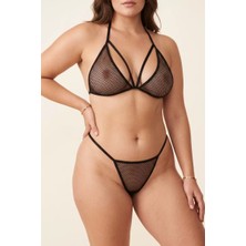 Çamaşır Kenti Siyah Boyundan Bağlamalı File Bralet ve T-String Fantazi Takım