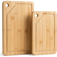 Esranın Dünyası Deconox Bambu 2’li Kesim Panosu Seti, 16X26 cm ve 20X30 cm Doğal Bambu Kesim Tahtası, Oluklu Kenarlı Askı Delikli Mutfak Doğrama Sunum Peynir Ekmek Sebze Meyve Kesme Panosu
