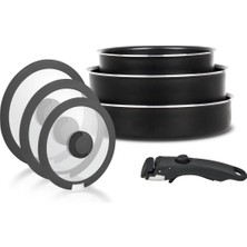 Esranın Dünyası Leggno All-In-One Titanium 7 Parça Set: 20-24CM DERIN&26CM Sığ Tencere 20-24-26CM Cam Kapak 1 Adet Özel Sap